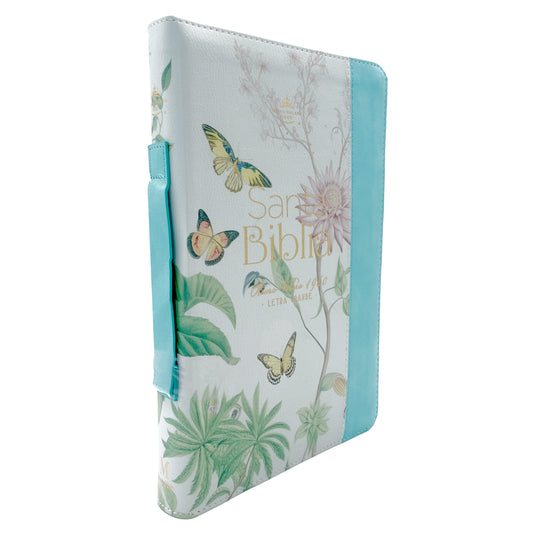 Biblia RVR 1960, Tamaño portátil, Cierre zíper, con índice, Letra Grande, imitación piel menta mariposas