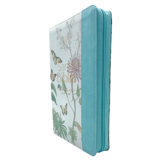 Biblia RVR 1960, Tamaño portátil, Cierre zíper, con índice, Letra Grande, imitación piel menta mariposas
