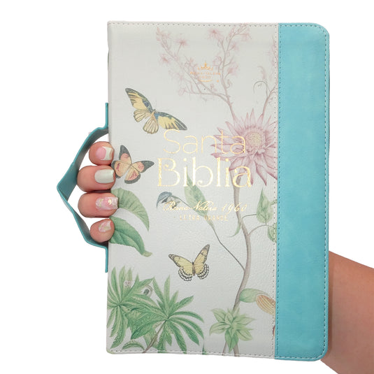 Biblia RVR 1960, Tamaño portátil, Cierre zíper, con índice, Letra Grande, imitación piel menta mariposas