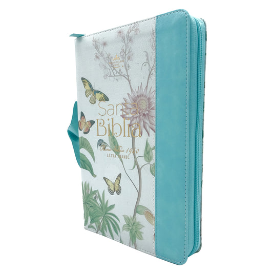 Biblia RVR 1960, Tamaño portátil, Cierre zíper, con índice, Letra Grande, imitación piel menta mariposas
