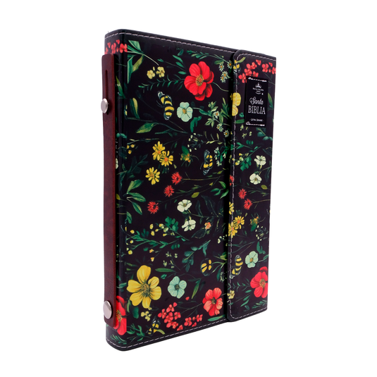 Biblia RVR 1960, Letra Grande, agarradera, cierre magnético, imitación piel negro flores