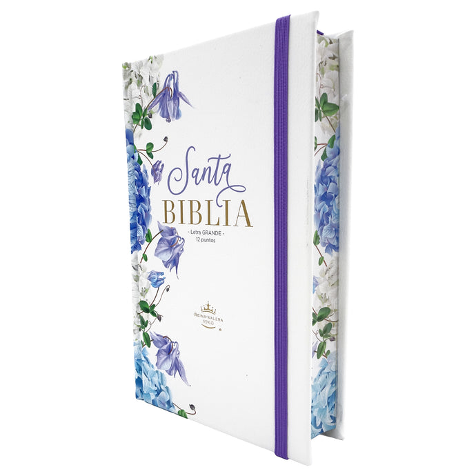 Biblia RVR 1960, Tamaño Manual, Letra Grande, tapa dura con elástico blanco con lila floral