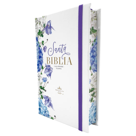 Biblia RVR 1960, Tamaño Manual, Letra Grande, tapa dura con elástico blanco con lila floral