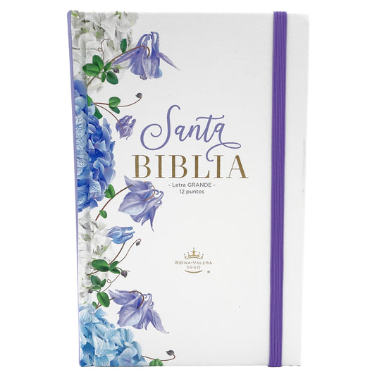 Biblia RVR 1960, Tamaño Manual, Letra Grande, tapa dura con elástico blanco con lila floral