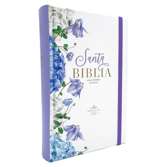 Biblia RVR 1960, Tamaño Manual, Letra Grande, tapa dura con elástico blanco con lila floral