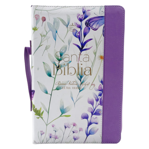 Biblia RVR 1960, Tamaño portátil, Cierre zíper, con índice, Letra Grande, imitación piel lila flores