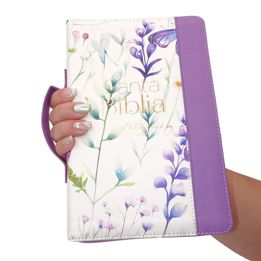 Biblia RVR 1960, Tamaño portátil, Cierre zíper, con índice, Letra Grande, imitación piel lila flores