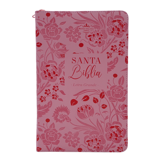 Biblia RVR 1960, Tamaño portátil, Letra Grande, Cierre zíper, imitación piel rosa flores