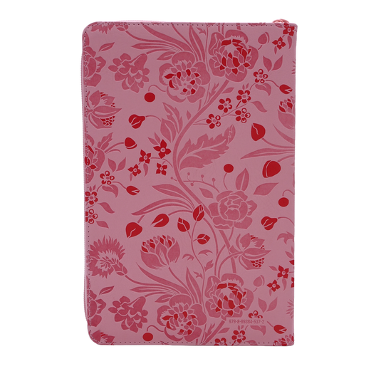 Biblia RVR 1960, Tamaño portátil, Letra Grande, Cierre zíper, imitación piel rosa flores