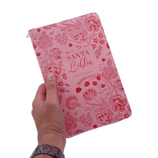 Biblia RVR 1960, Tamaño portátil, Letra Grande, Cierre zíper, imitación piel rosa flores