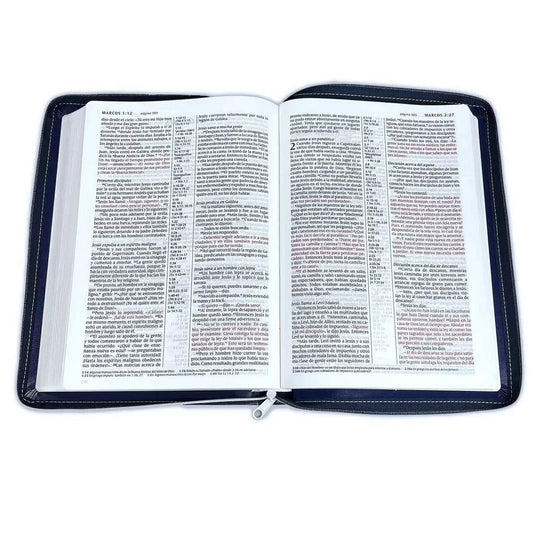 Santa Biblia NTV, con zíper, con referencias, Letra Grande, imitación piel azul
