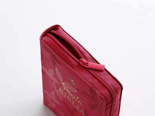 Biblia RVR 1960, Tamaño portátil, Cierre zíper, Letra Grande, imitación piel fucsia hojas
