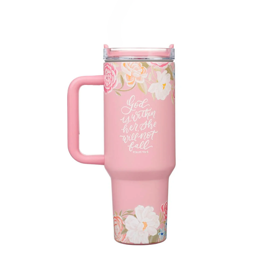 Vaso térmico de acero inoxidable con pajilla "God Is Within Her" – Salmo 46:5
