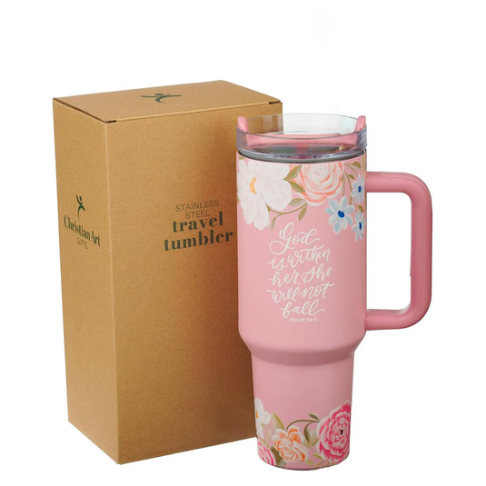 Vaso térmico de acero inoxidable con pajilla "God Is Within Her" – Salmo 46:5